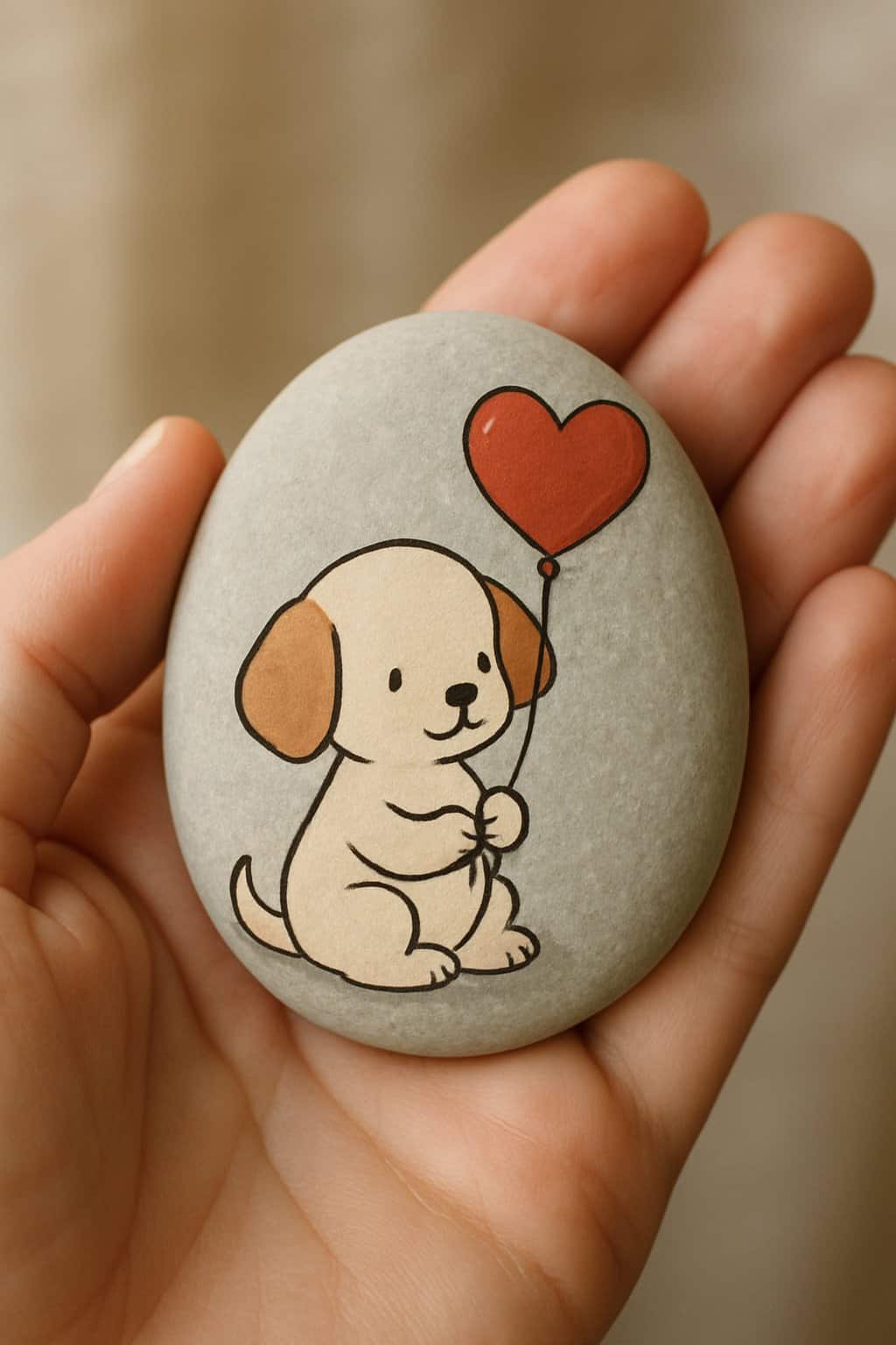 A hand holding a smooth river rock painted with a cute puppy holding a heart-shaped balloon.