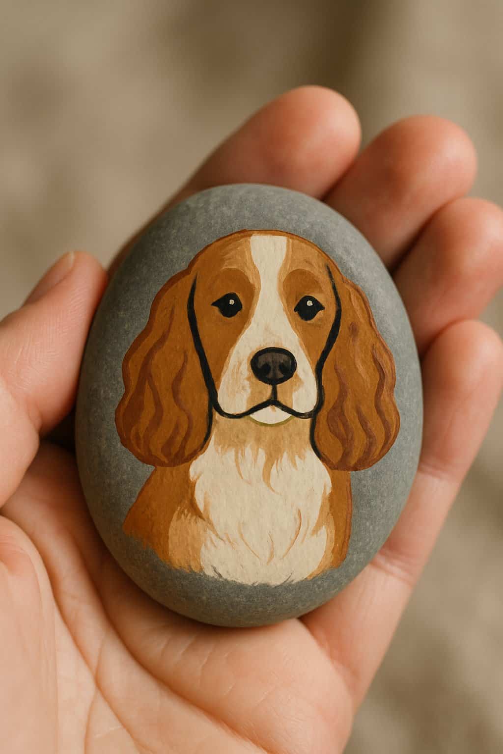 A hand holding a smooth river rock painted with a simple image of a spaniel dog with long ears and soft eyes.