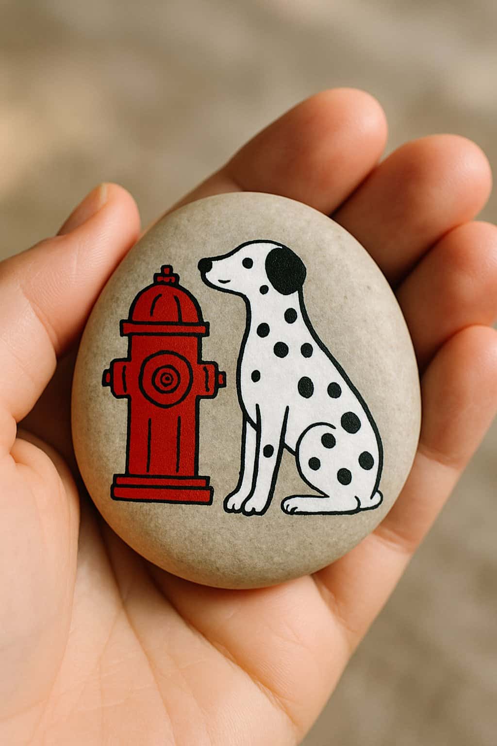 A hand holding a smooth river rock painted with a Dalmatian dog and a red fire hydrant.