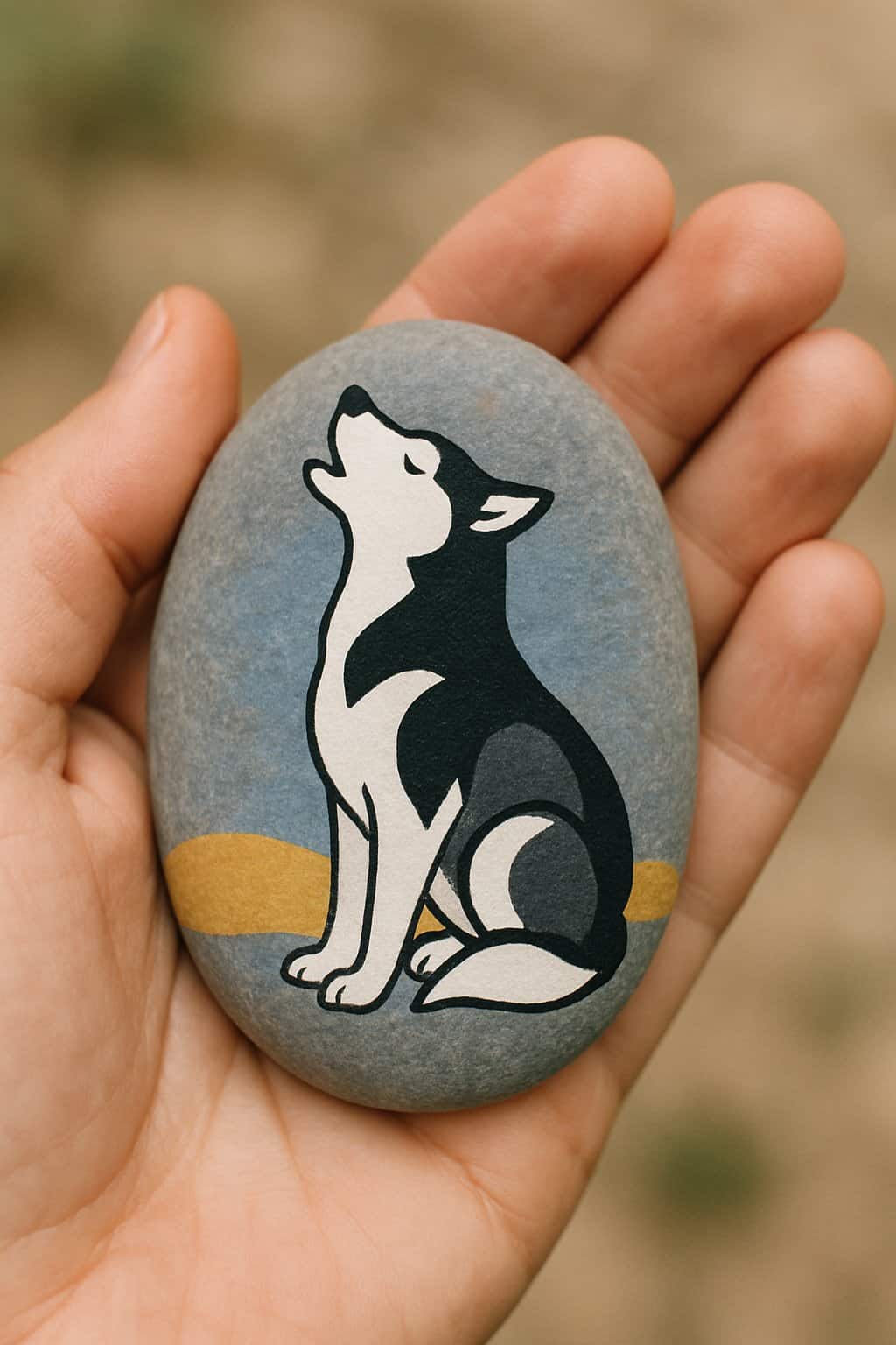 A hand holding a smooth river rock painted with an image of a Siberian Husky howling.