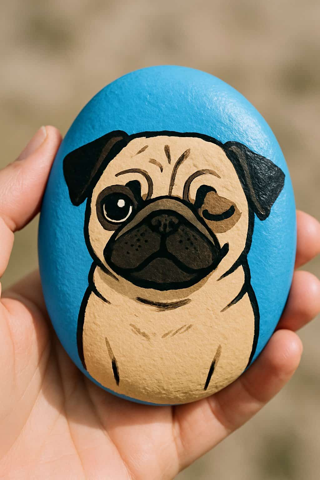 A hand holding a smooth blue river rock painted with a winking pug dog.