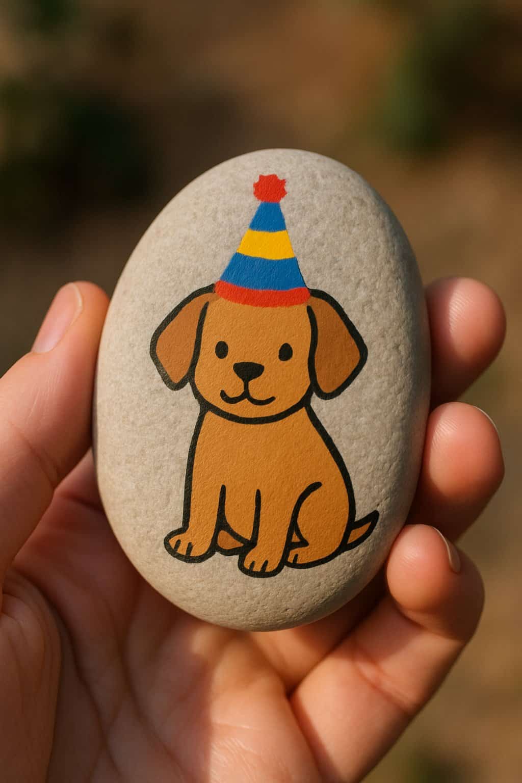 A hand holding a smooth river rock painted with a puppy wearing a party hat.