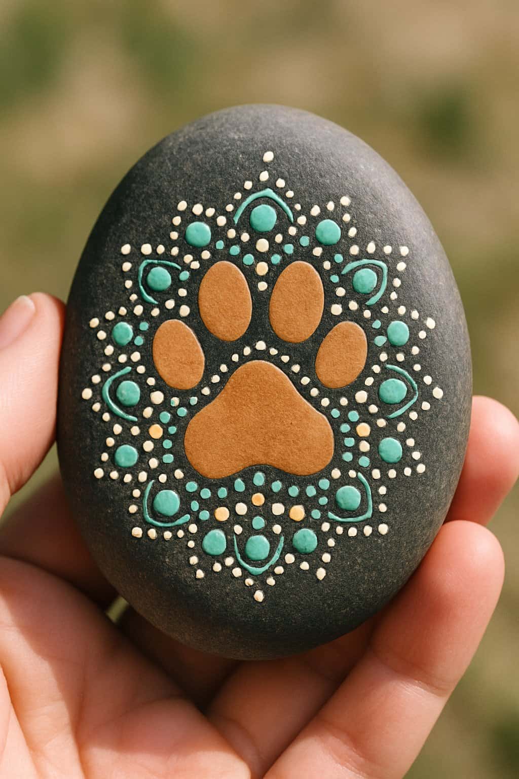 A hand holding a smooth river rock painted with a dog paw print mandala design.