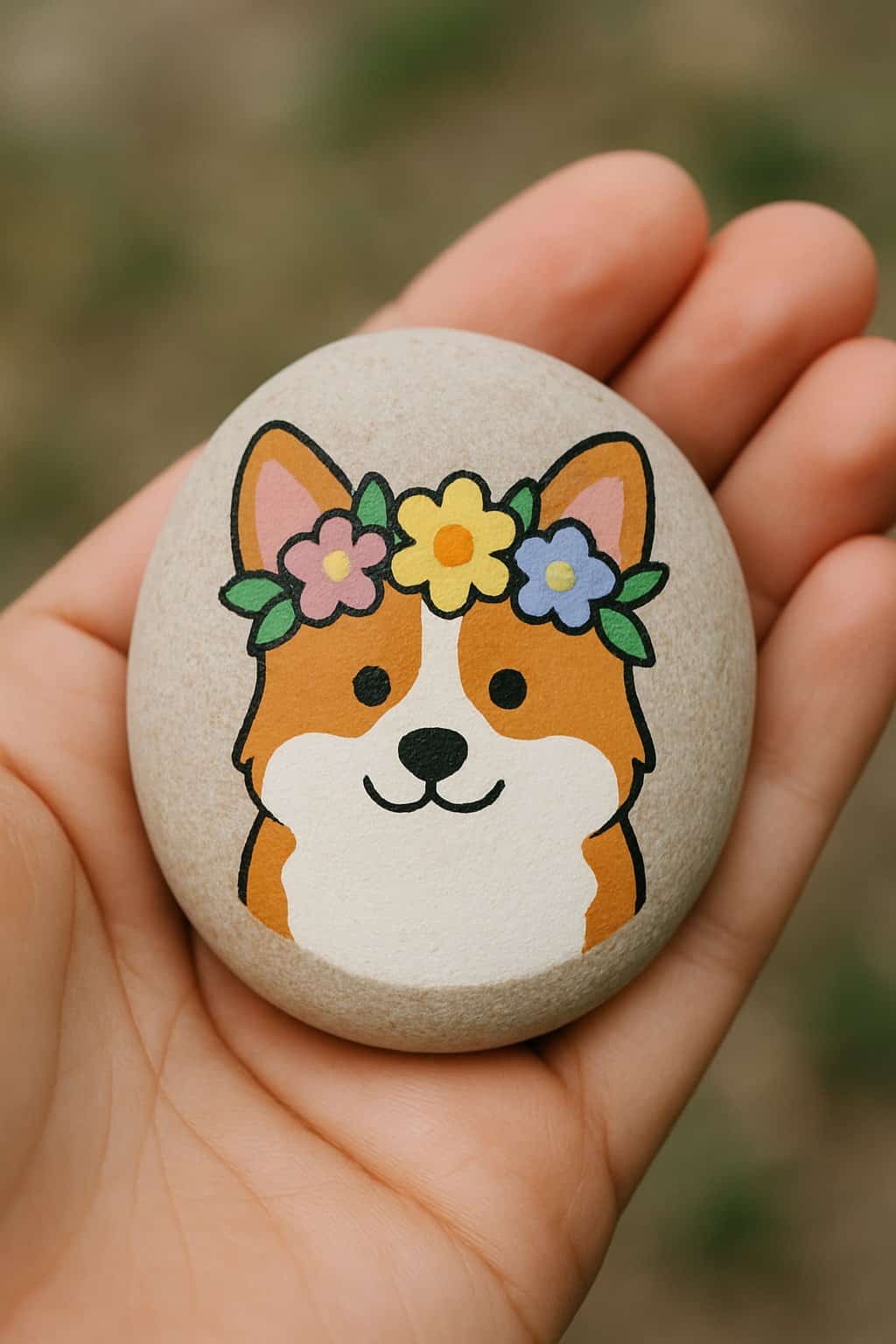 A hand holding a smooth river rock painted with a corgi wearing a flower crown.