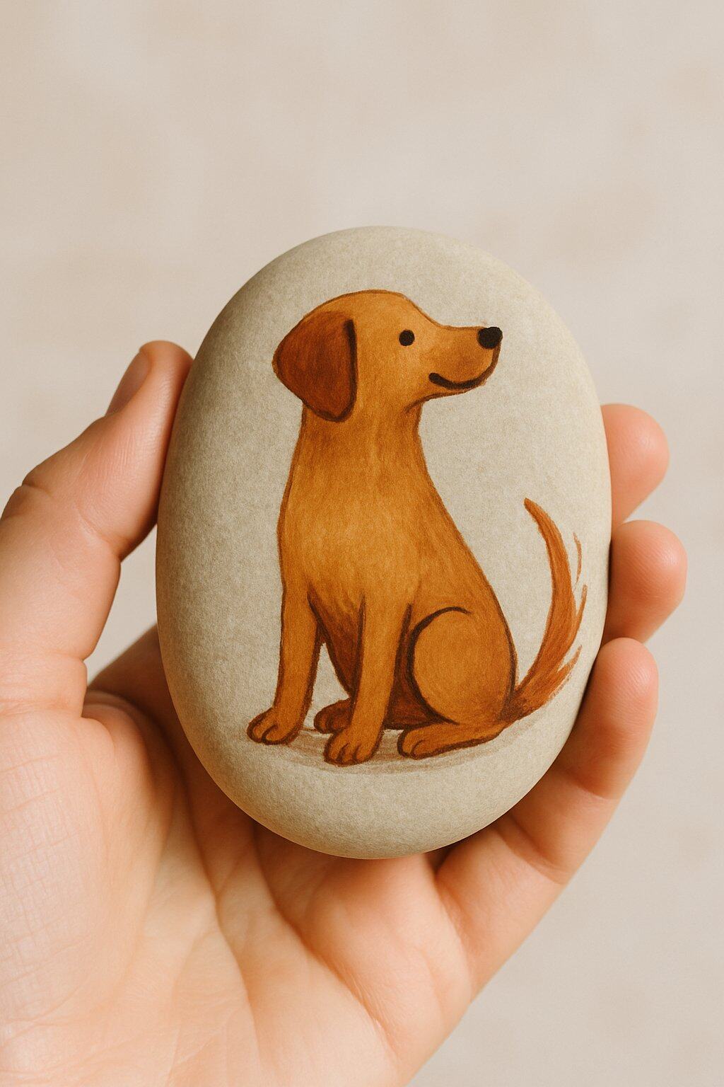 A hand holding a smooth river rock painted with a dog design.