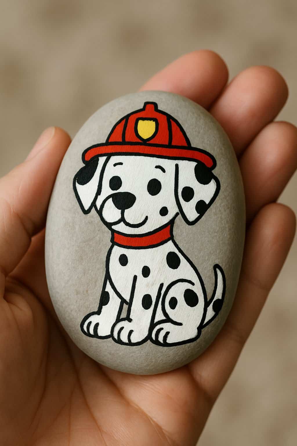 A hand holding a smooth river rock painted with a cartoon Dalmatian dog wearing a fire rescue helmet.