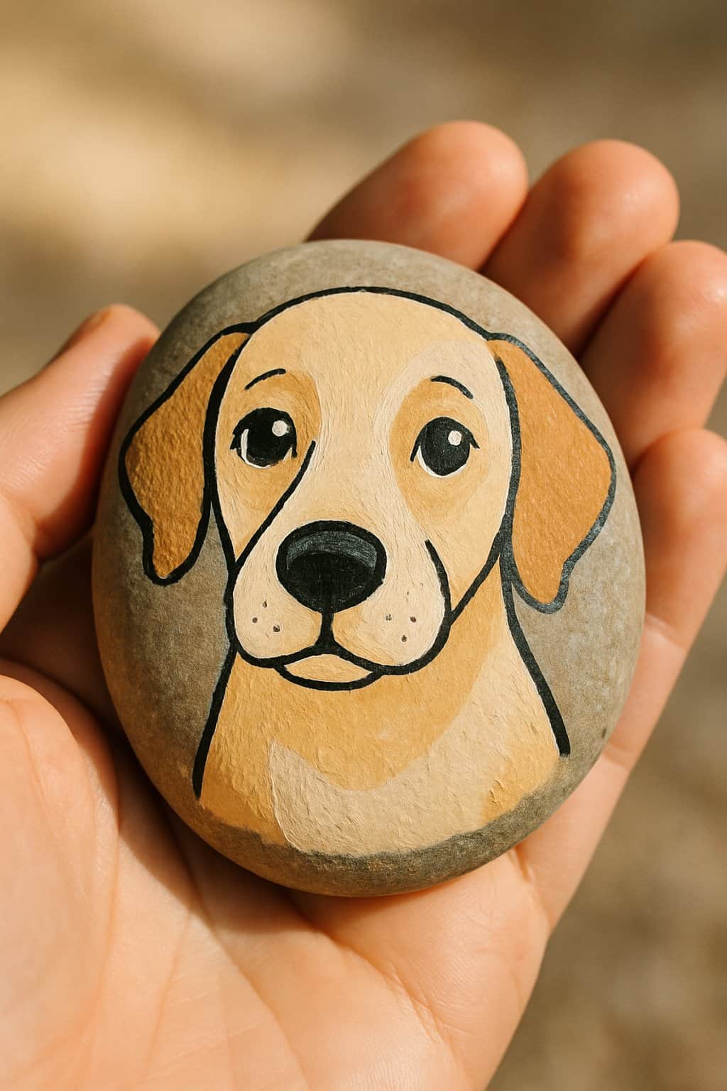 A hand holding a smooth river rock painted with a simple dog portrait featuring big eyes and nose.