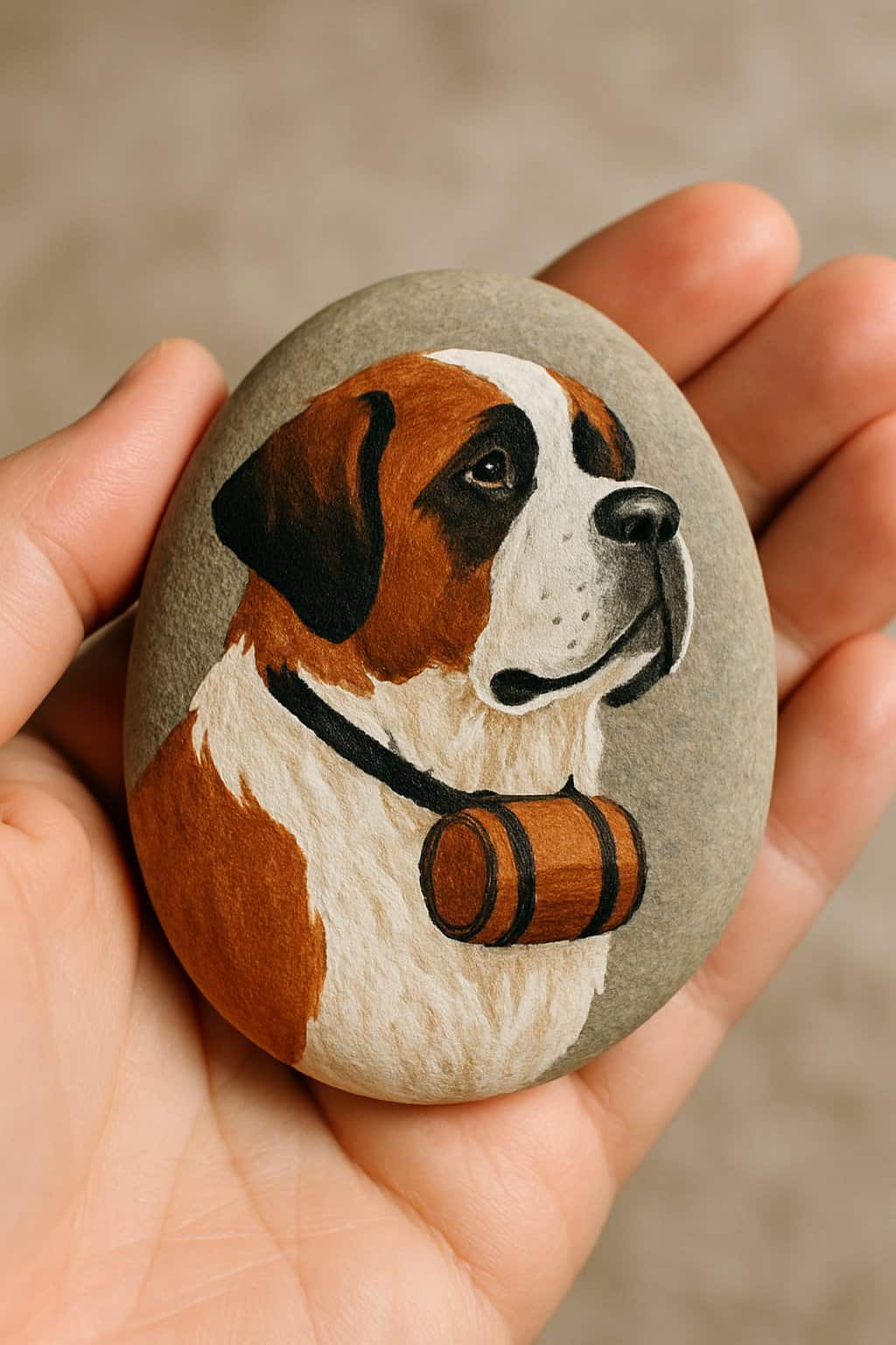 A hand holding a smooth river rock painted with an image of a Saint Bernard dog wearing a barrel collar.
