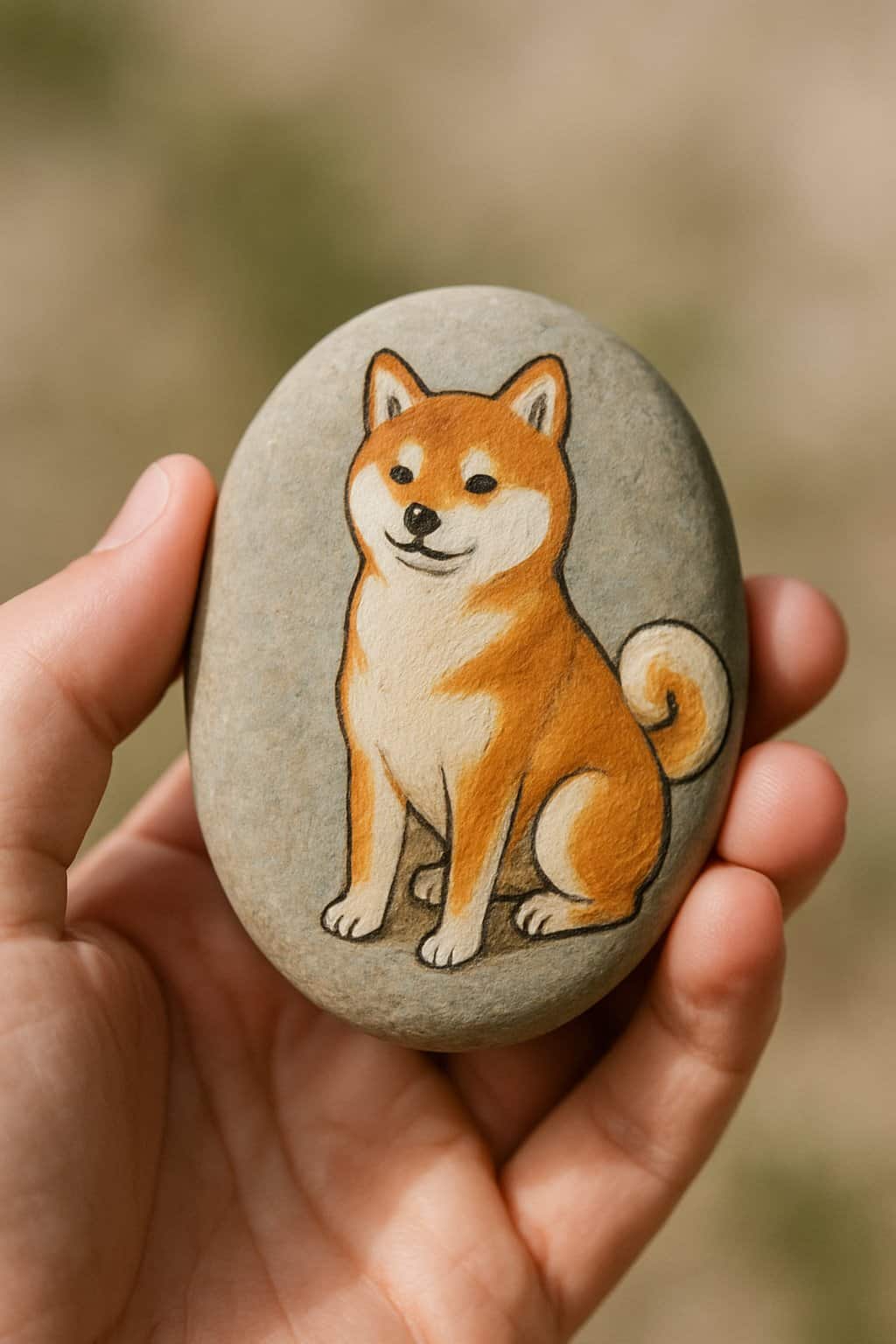 A hand holding a smooth river rock painted with a Shiba Inu dog with a curled tail.