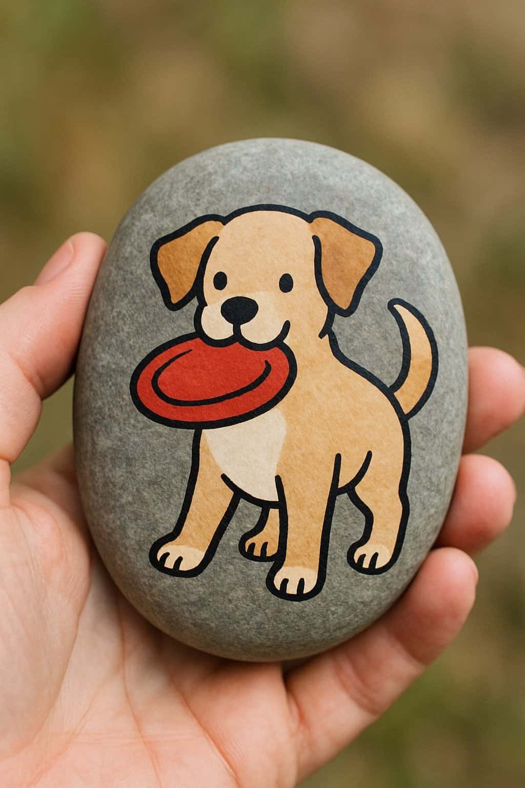 Hand holding a smooth river rock painted with a puppy holding a frisbee.