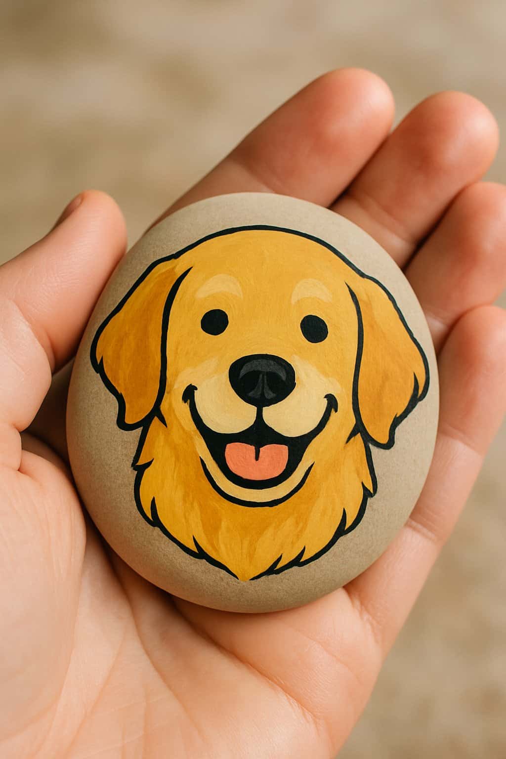 A hand holding a smooth river rock painted with a smiling Golden Retriever dog's face.