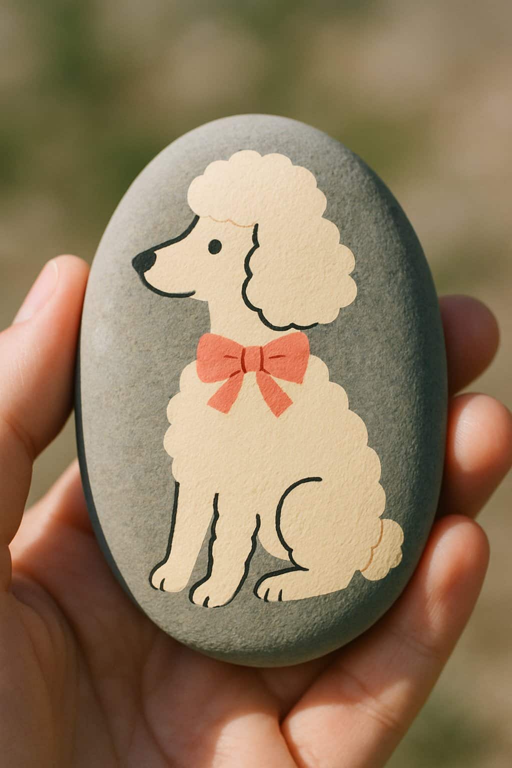 A hand holding a smooth river rock painted with a poodle wearing a bow.