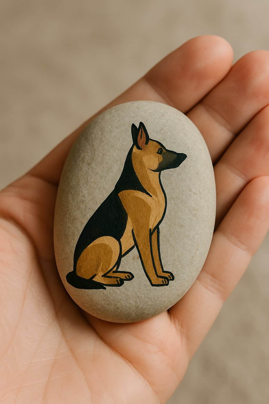 A hand holding a smooth river rock painted with a German Shepherd dog in a training stance.