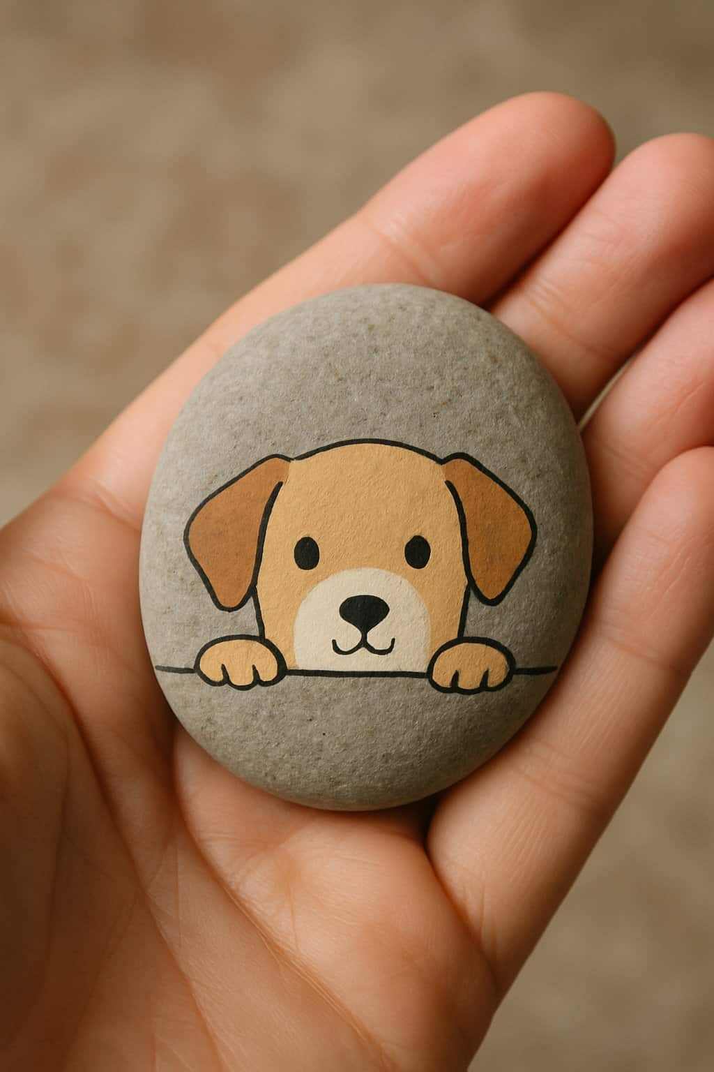A hand holding a smooth river rock painted with a cute dog peeking from behind it.