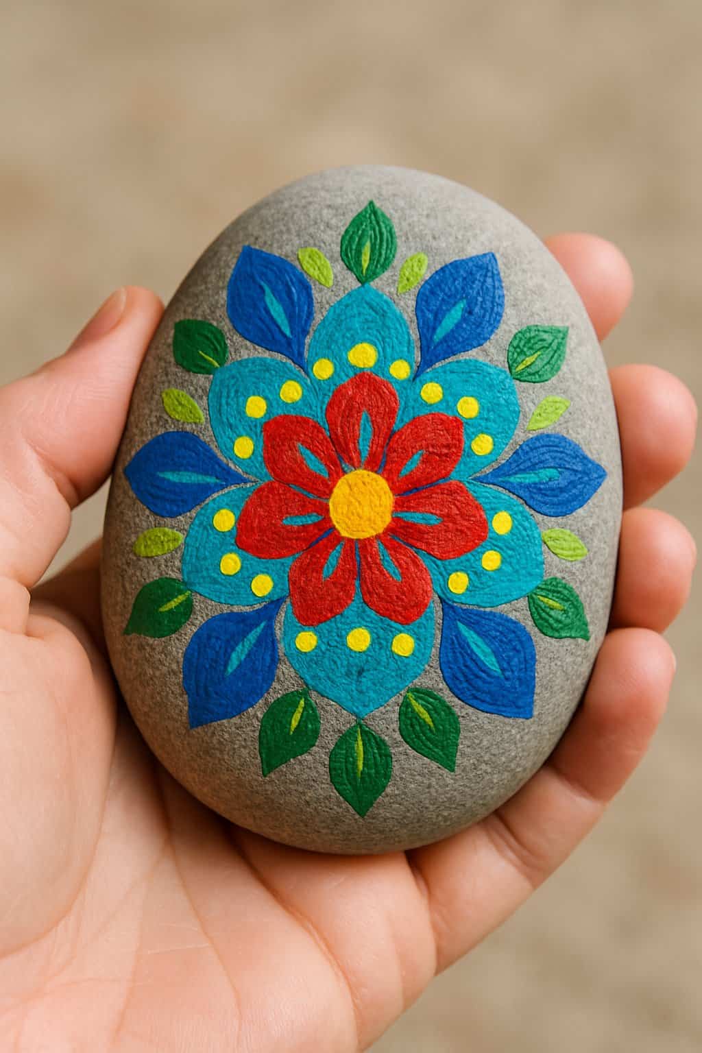A hand holding a smooth river rock painted with a colorful floral mandala design.