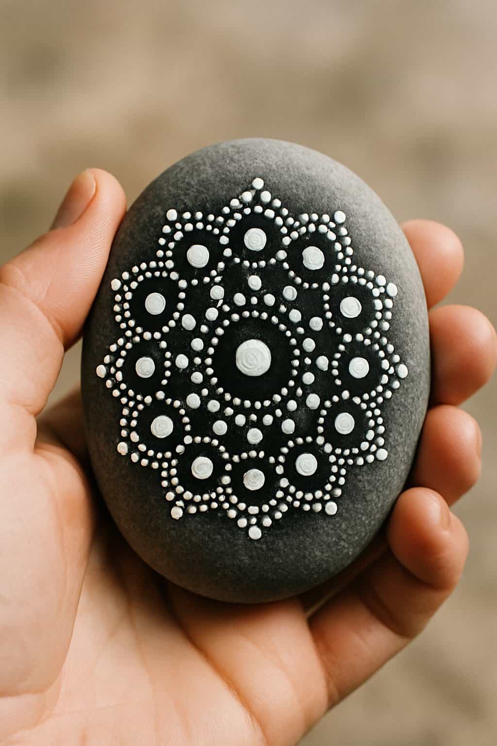 A hand holding a smooth river rock painted with a black and white mandala dot design.