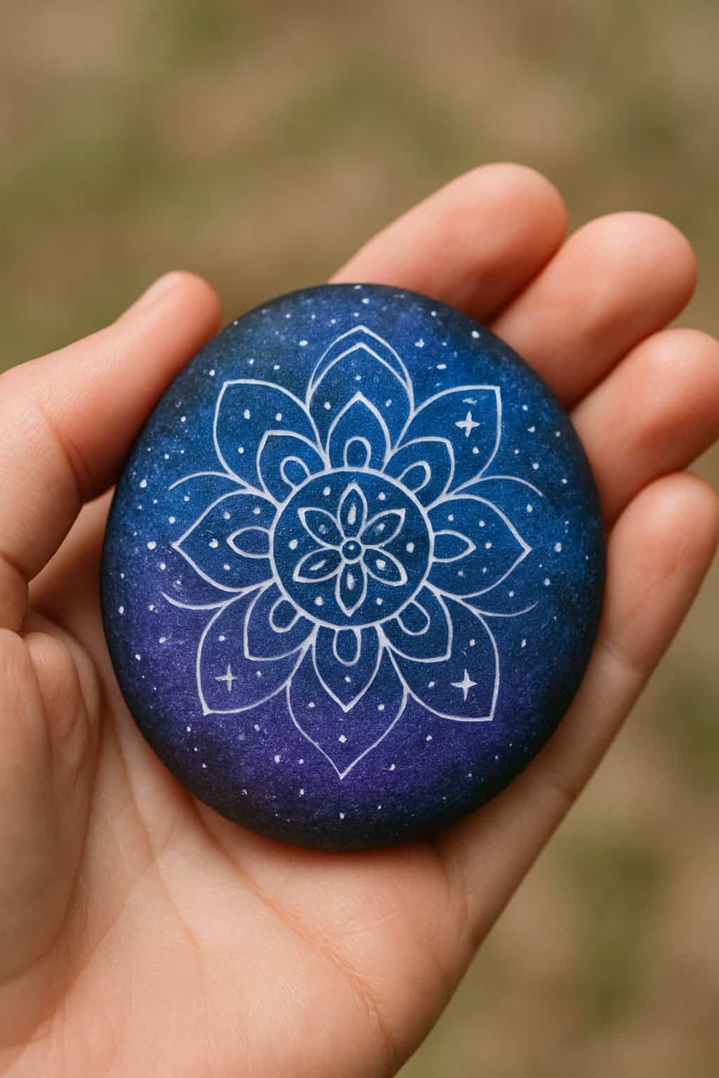 A hand holding a smooth river rock painted with a galaxy mandala design and star accents.
