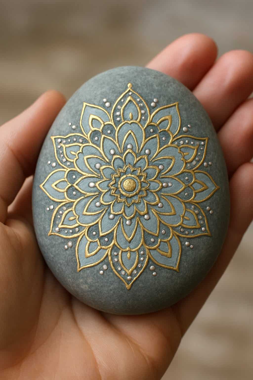 A hand holding a smooth river rock painted with a simple mandala design.