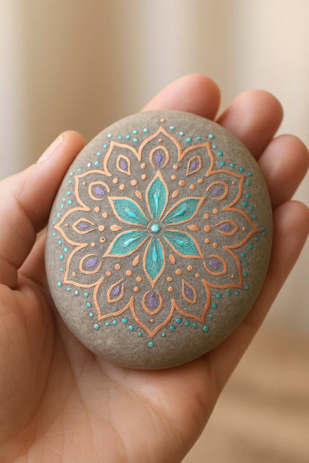 A hand holding a smooth river rock painted with a simple mandala design.