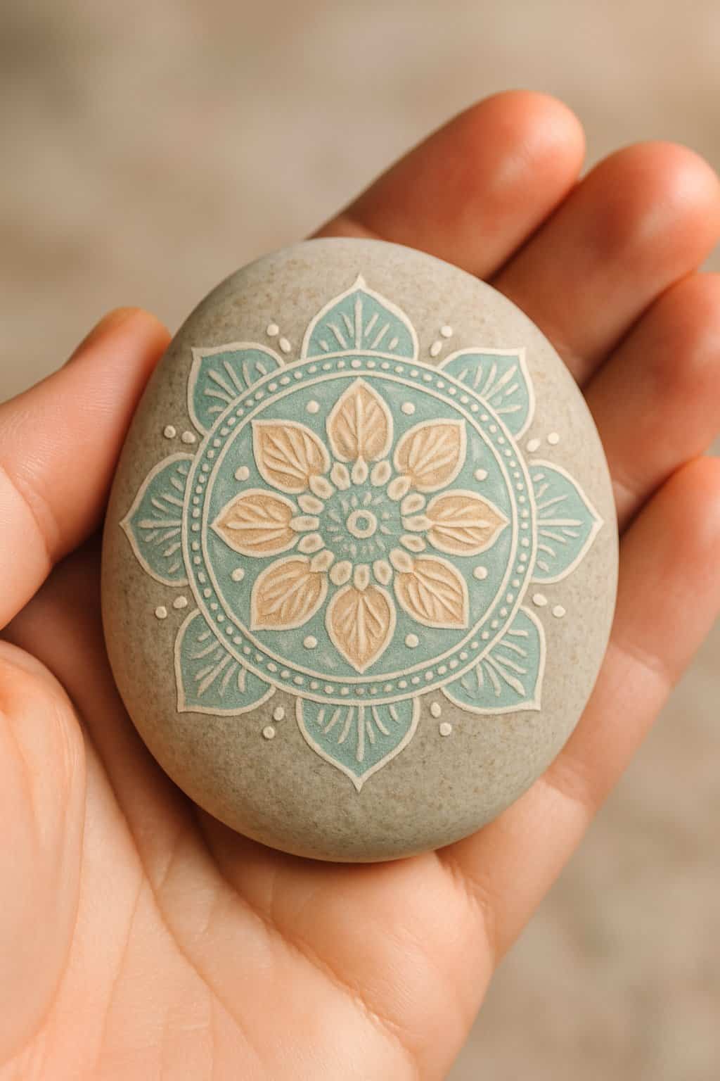 A hand holding a smooth river rock painted with a simple mandala design.