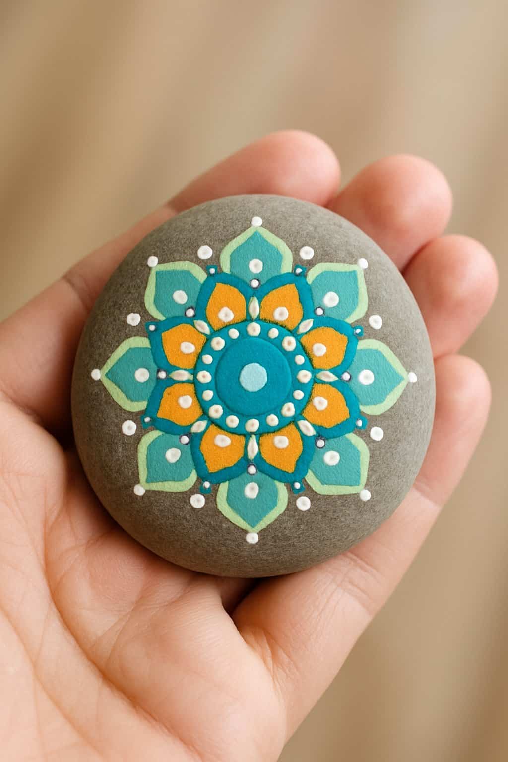 A hand holding a smooth painted rock with a simple mandala design.