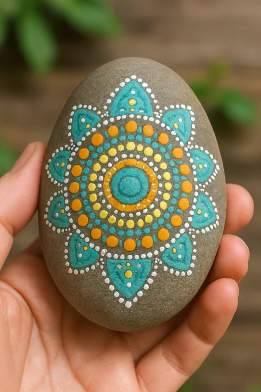 A hand holding a smooth, turtle shell-shaped painted rock with a mandala design.