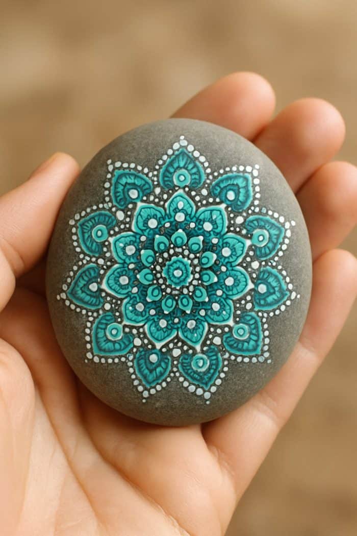 A hand holds a smooth stone painted with an intricate teal and white mandala pattern against a soft brown background.