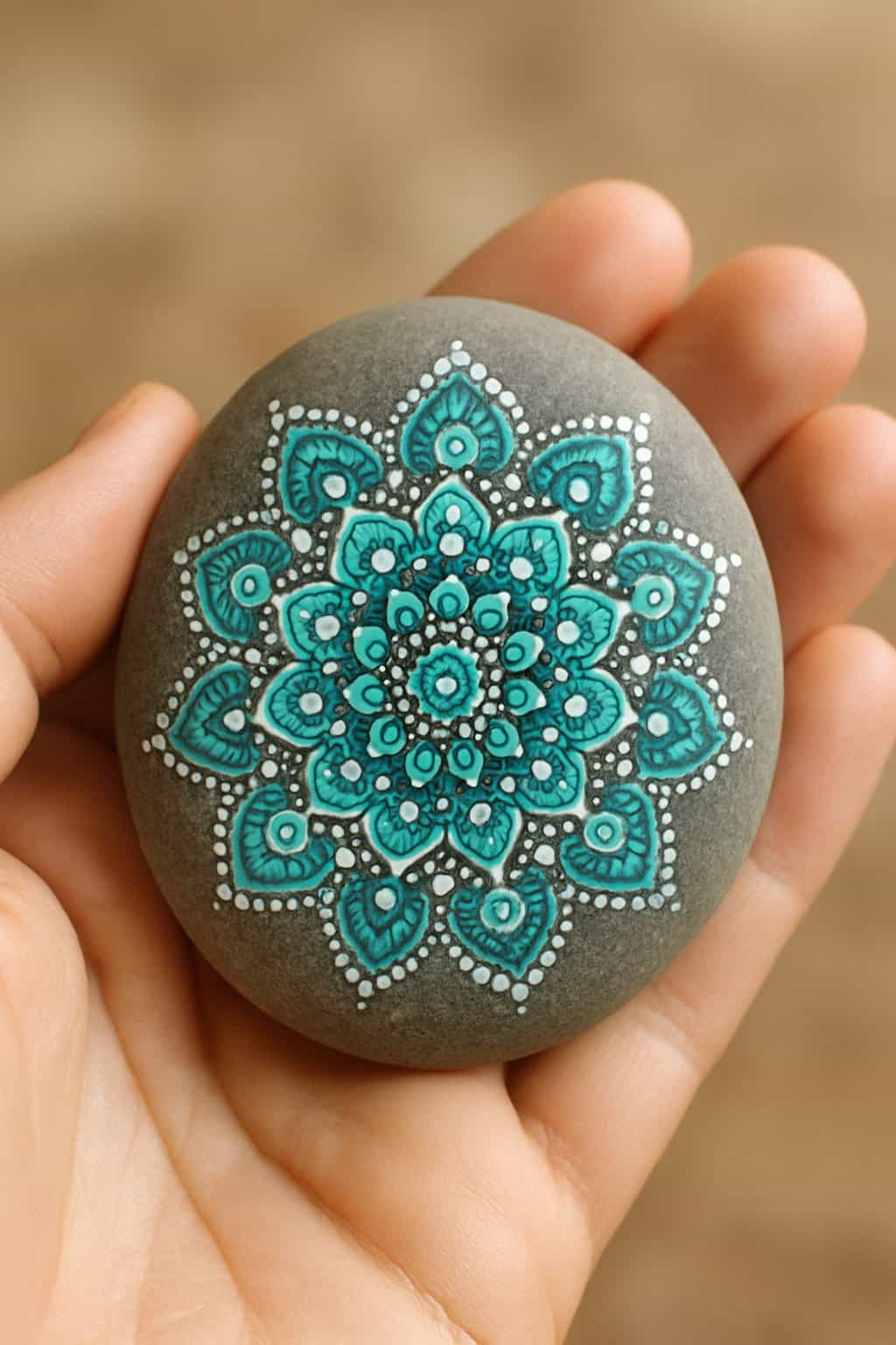 A hand holding a smooth river rock painted with a detailed mandala design.