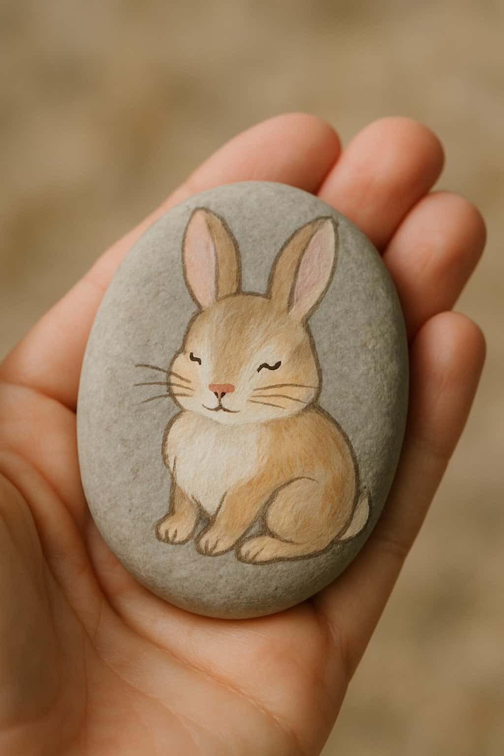A hand holding a smooth river rock painted with an adorable bunny design.
