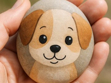 A hand holds a smooth round stone painted with a cute cartoon puppy face, featuring brown ears, big eyes, and a happy expression. The background is blurred green and beige.