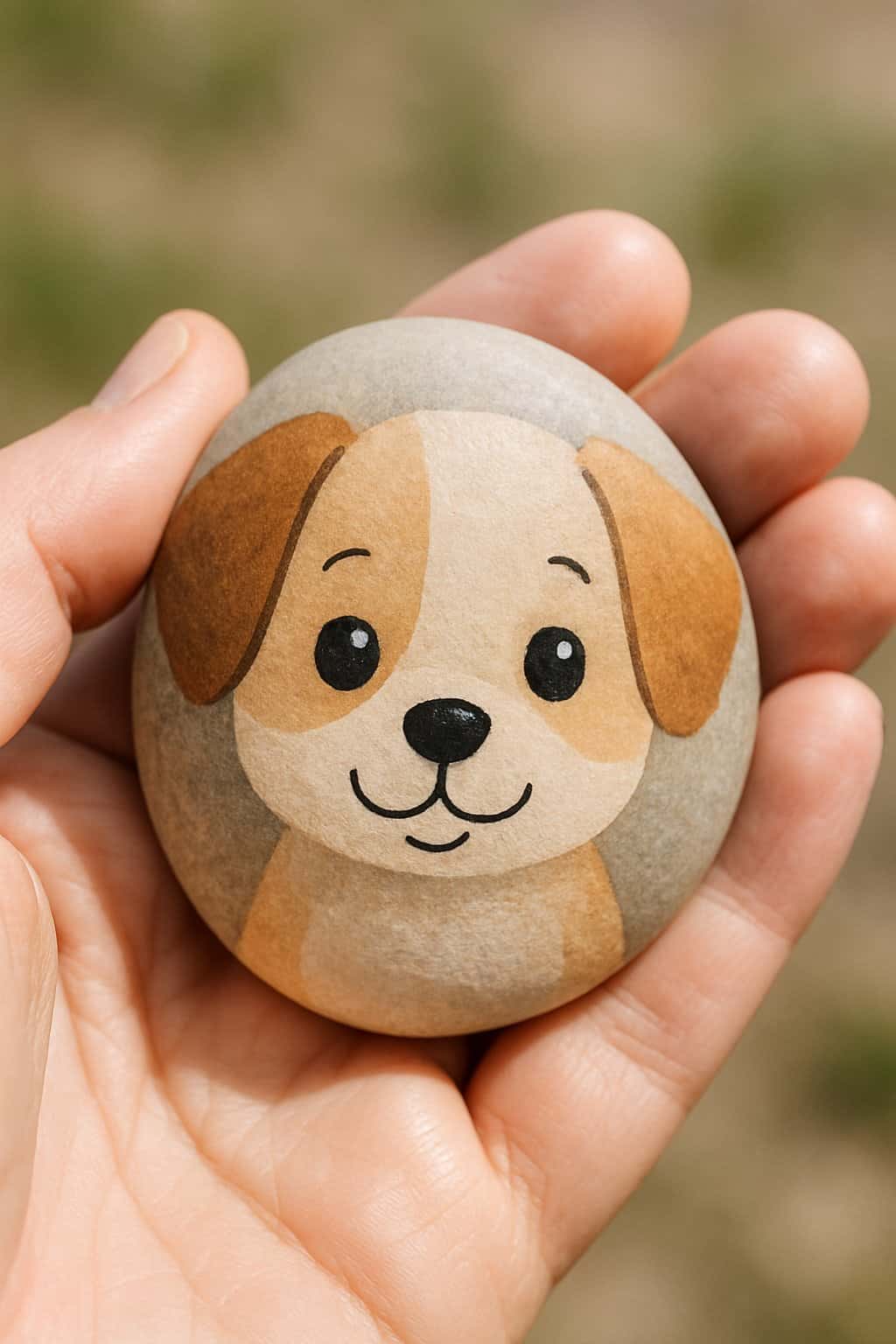 A hand holding a smooth river rock painted with a playful puppy face.