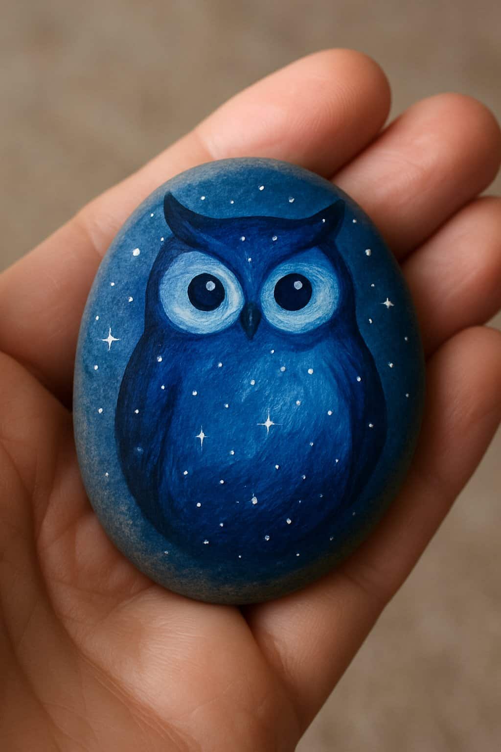 A hand holding a smooth river rock painted with an owl design against a blurred background.