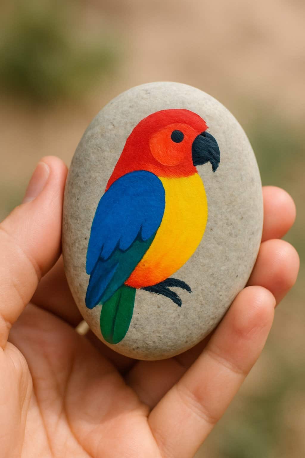 A hand holding a smooth river rock painted with a colorful parrot design.
