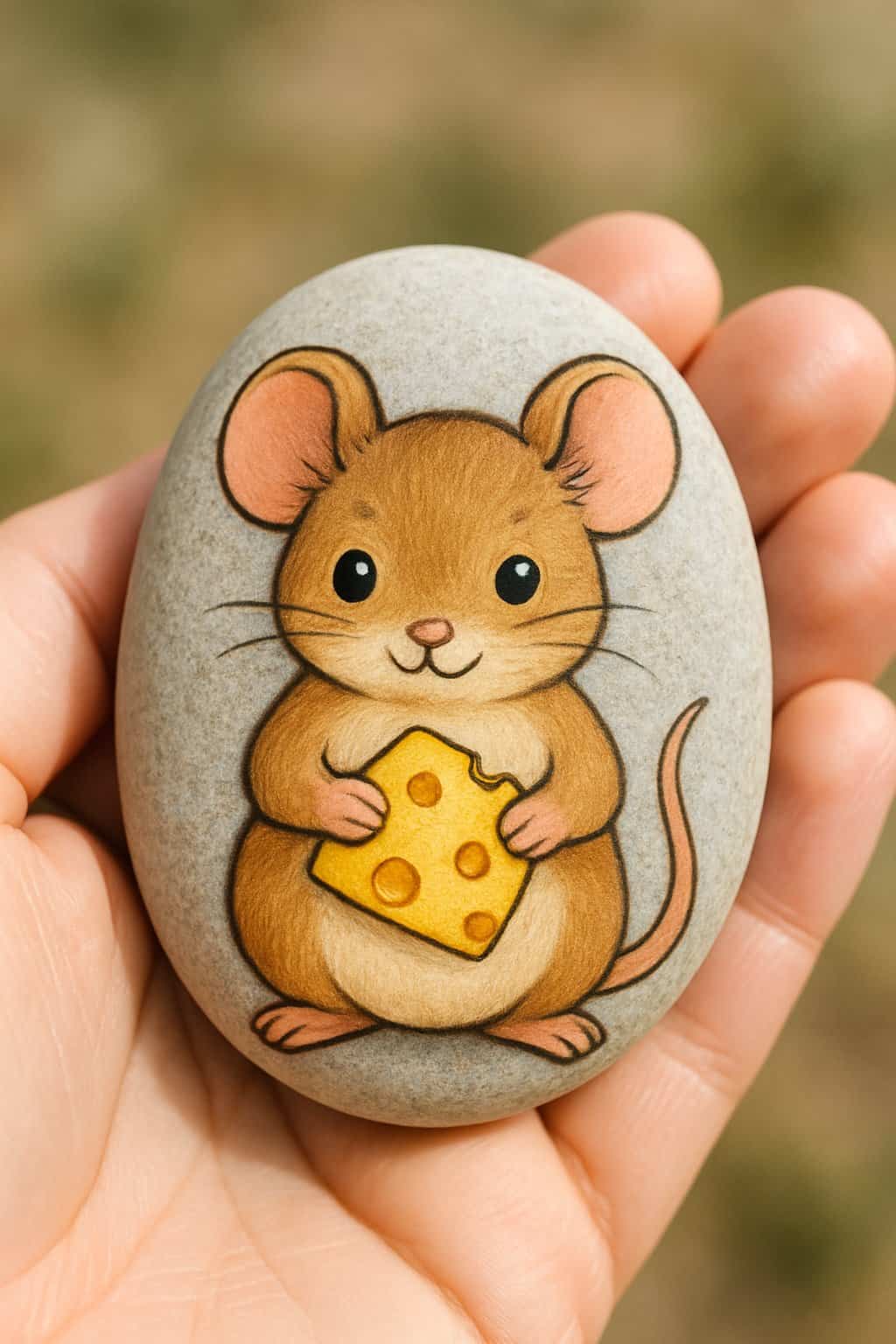 A hand holding a smooth river rock painted with a cute mouse holding a piece of cheese.
