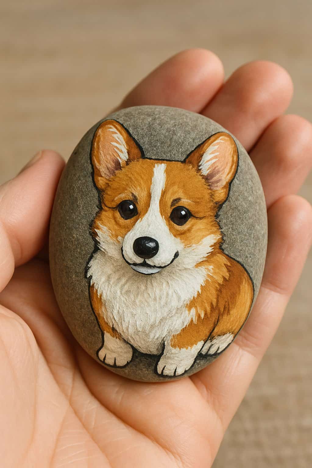 A hand holding a smooth river rock painted with a corgi dog design.