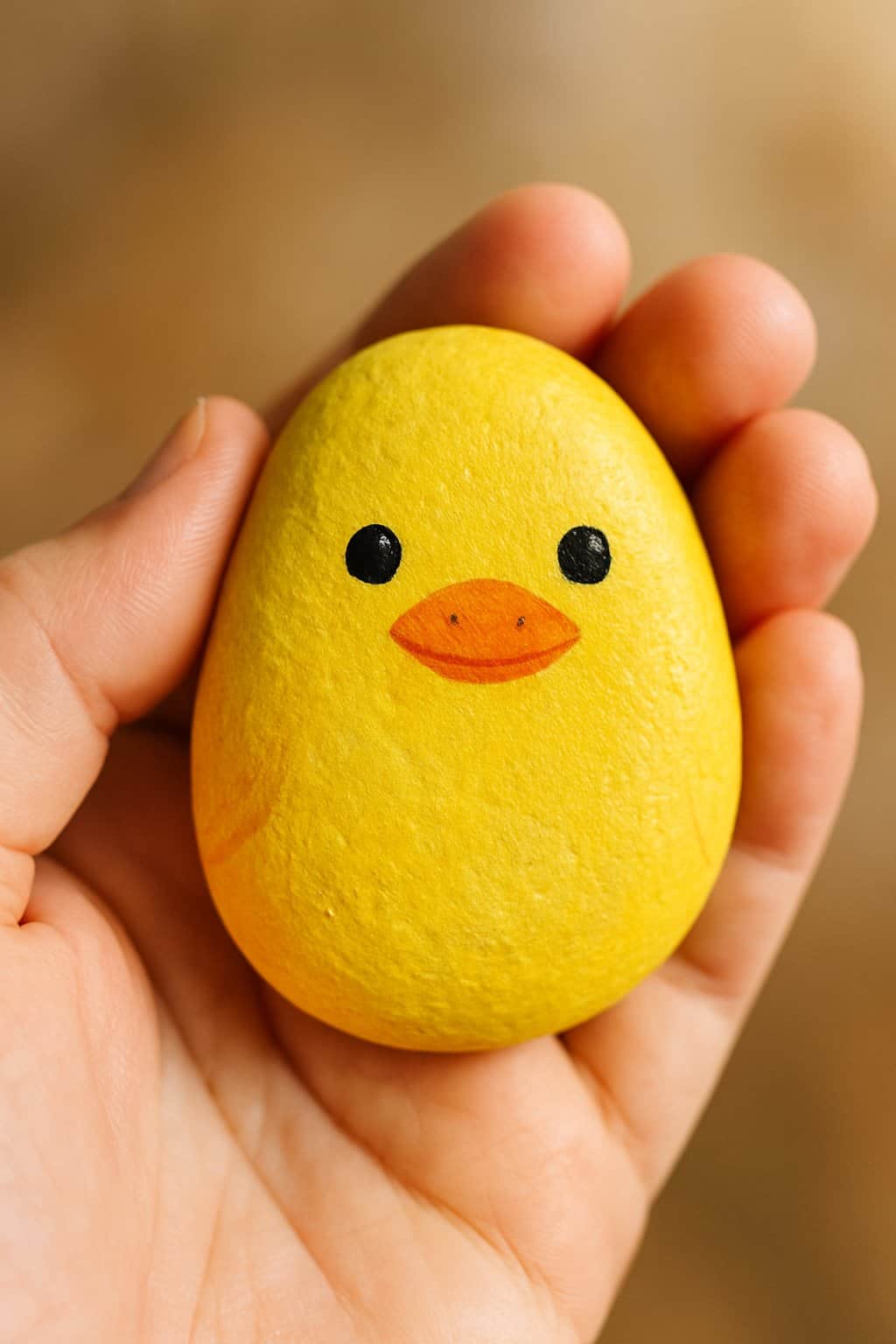 A hand holding a smooth river rock painted bright yellow to look like a duckling.