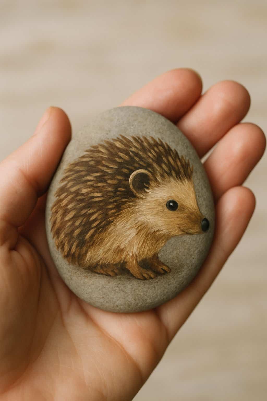 A hand holding a smooth river rock painted with a small hedgehog design.