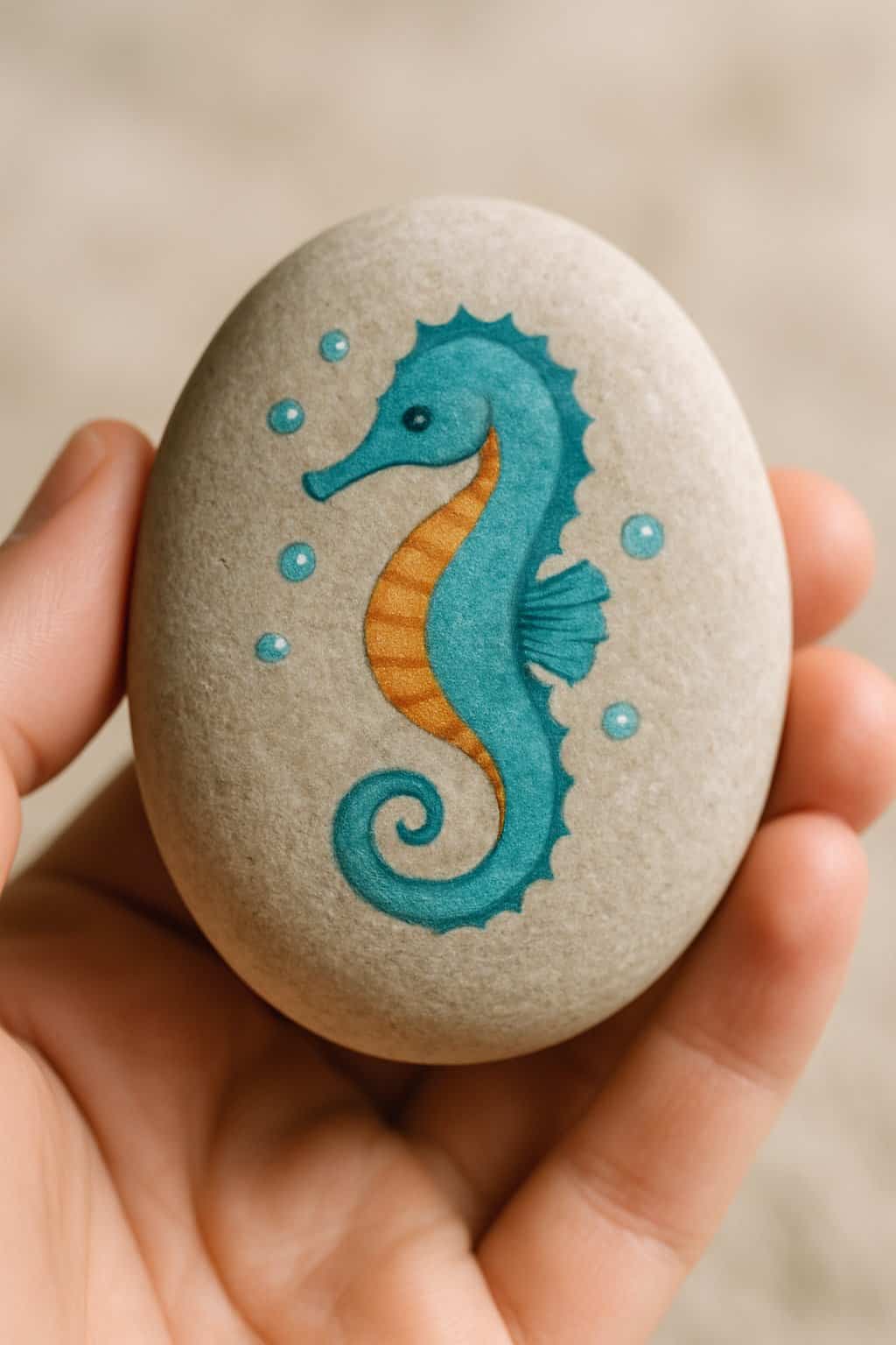 A hand holding a smooth river rock painted with a seahorse and bubbles.
