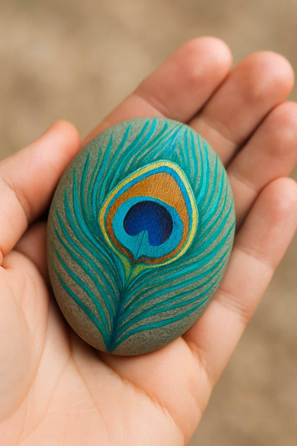 A hand holding a smooth river rock painted with a colorful peacock feather design.