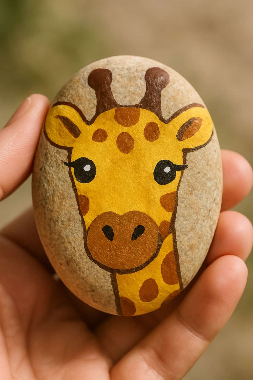 A hand holding a smooth river rock painted with a giraffe face.
