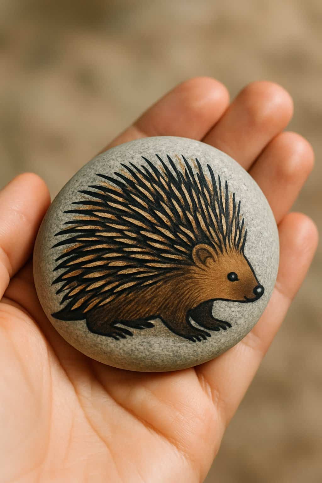A hand holding a smooth river rock painted with a porcupine design.