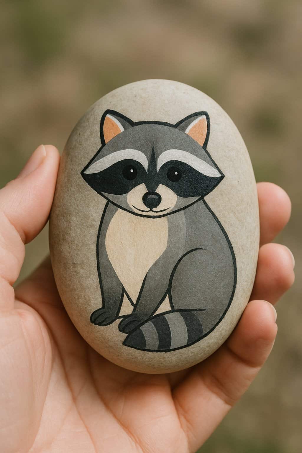 A hand holding a smooth river rock painted with a raccoon face design.