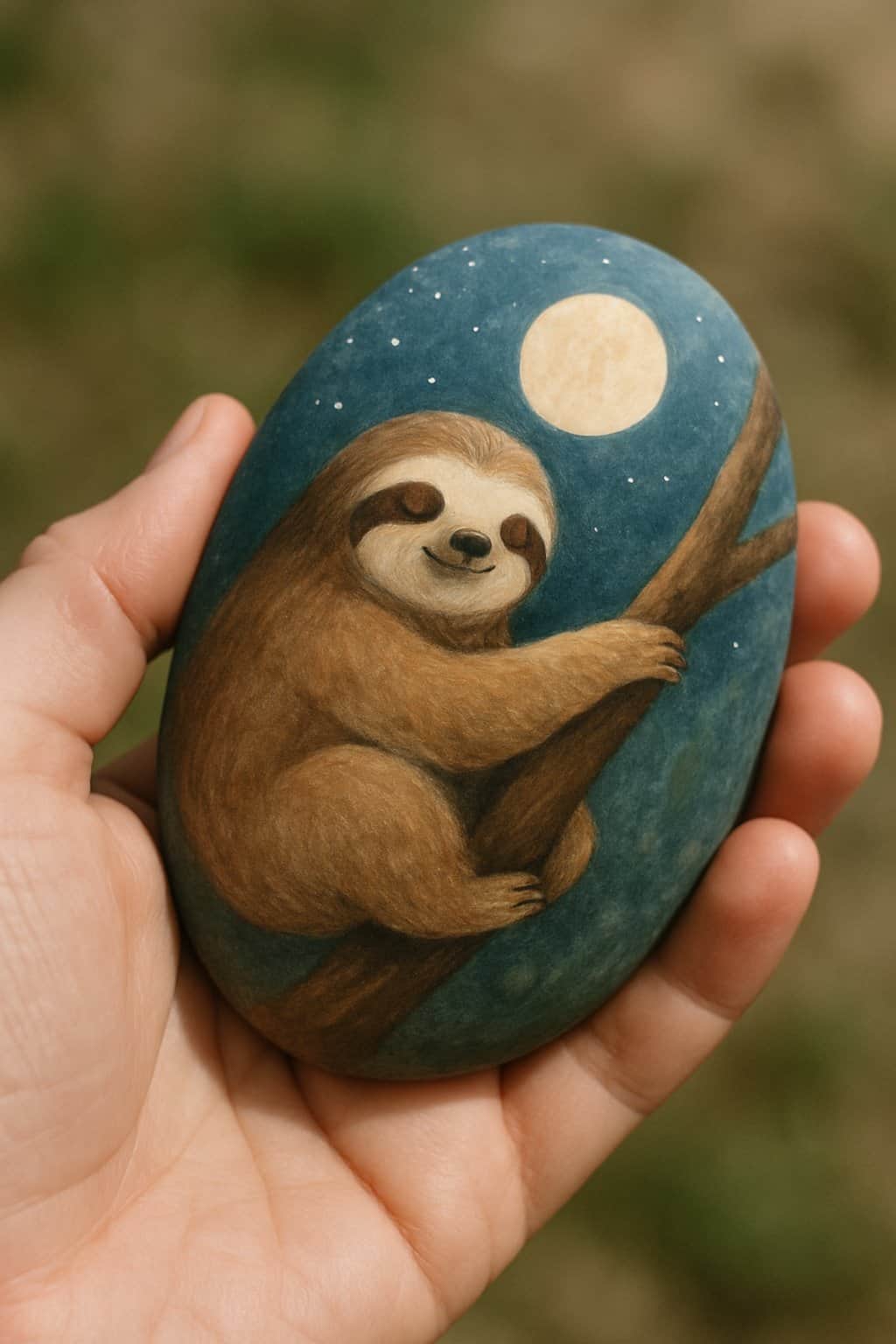 A hand holding a smooth river rock painted with a sloth under moonlight design.