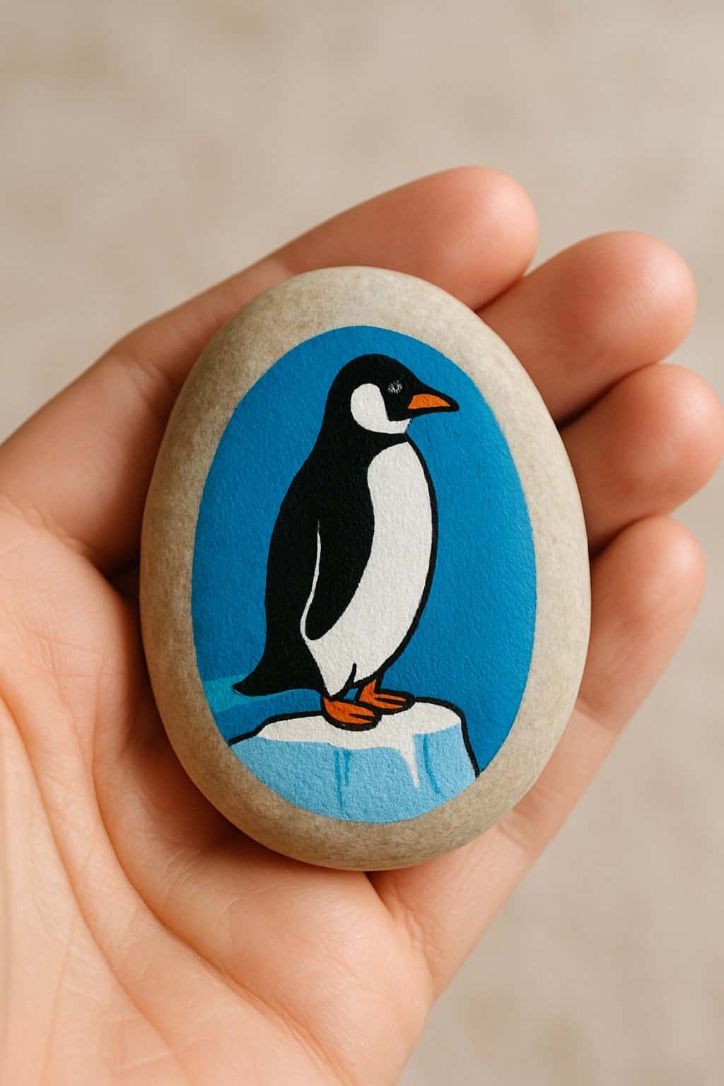 A hand holding a smooth river rock painted with a penguin on an ice rock.