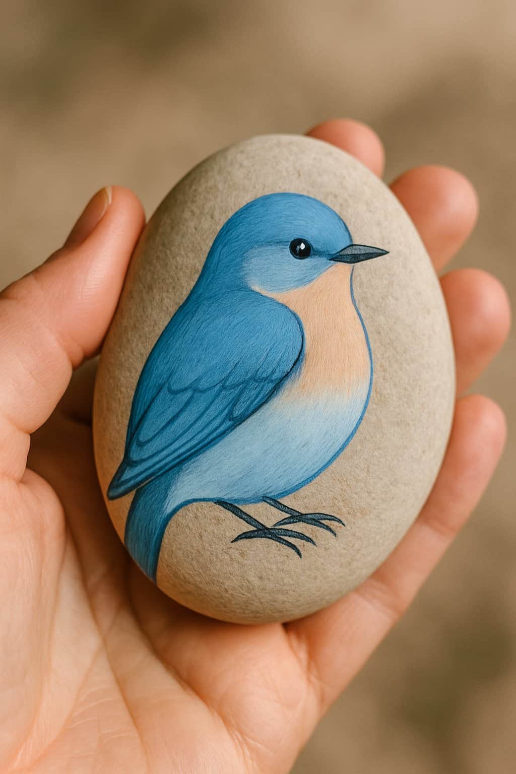 A hand holding a smooth river rock painted with a simple bluebird design.