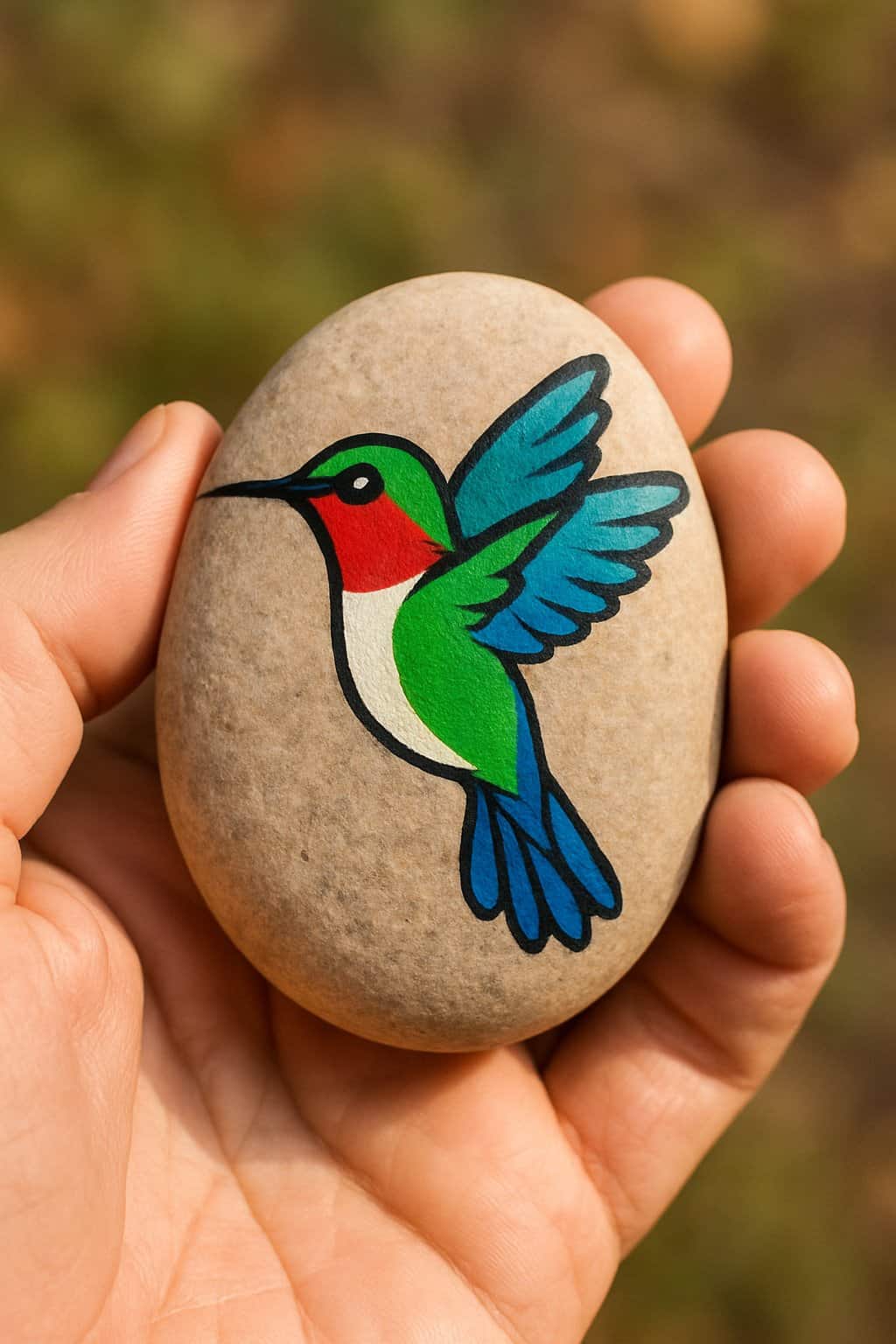 A hand holding a smooth river rock painted with a colorful hummingbird design.