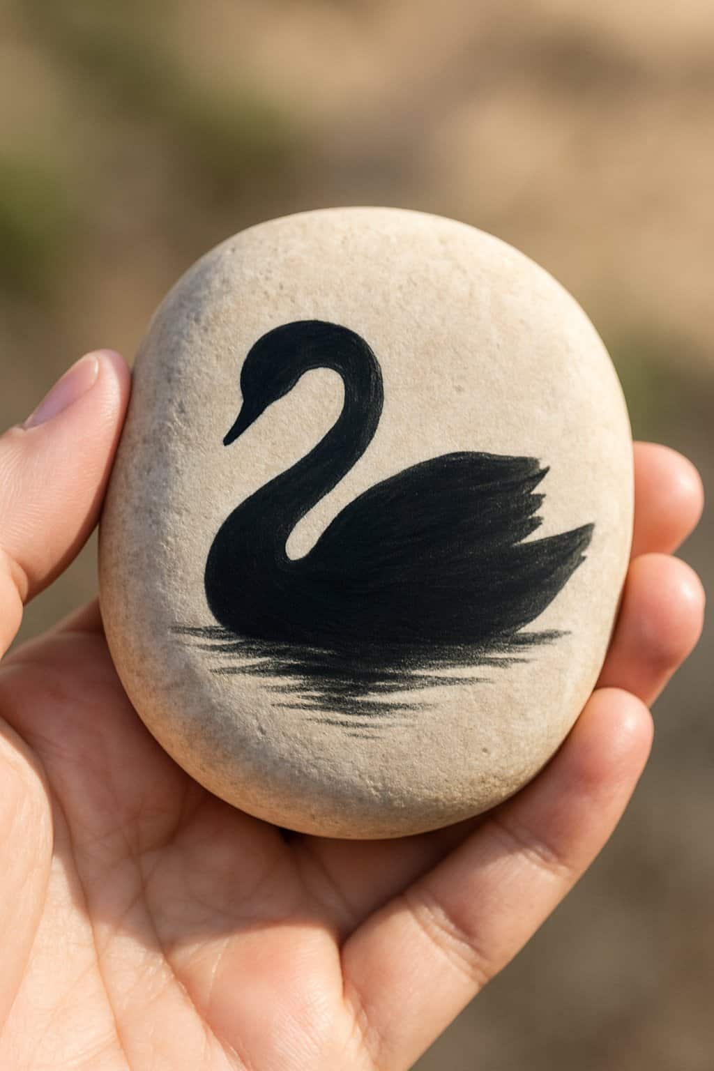 A hand holding a smooth river rock painted with a black swan silhouette.