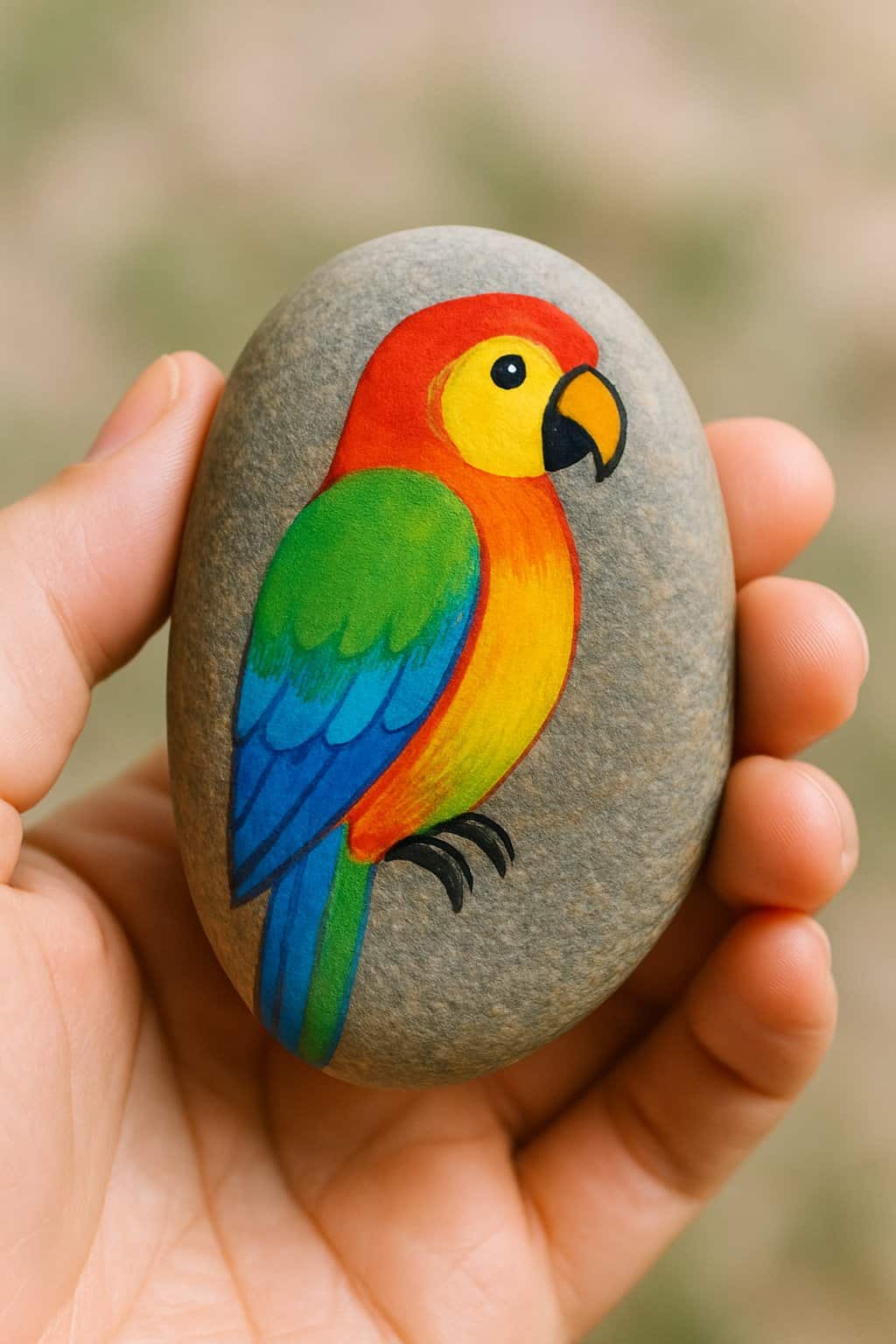A hand holding a smooth river rock painted with a colorful parrot design.