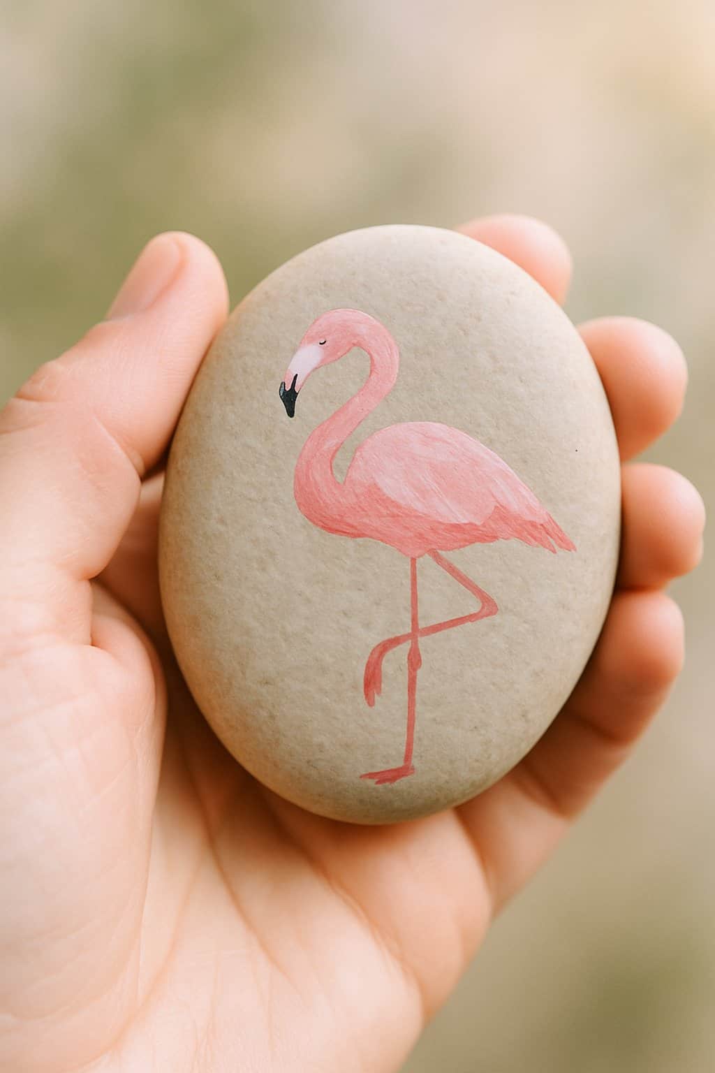 A hand holding a smooth river rock painted with a simple flamingo standing on one leg.