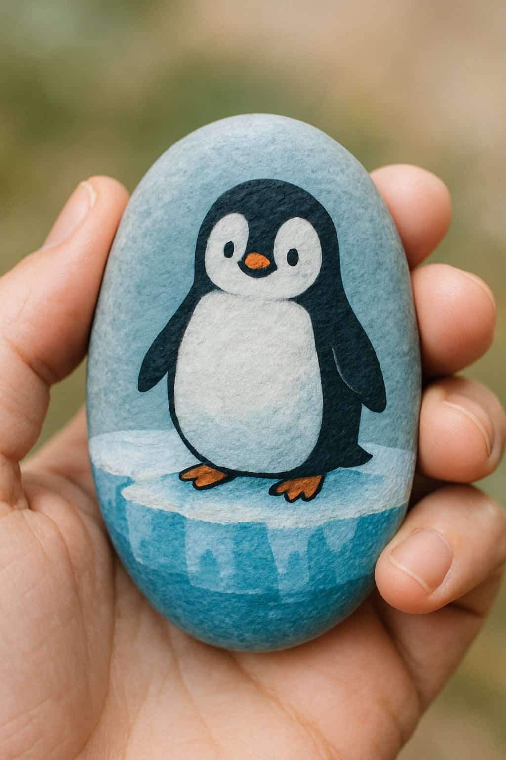 A hand holding a smooth river rock painted with a cute penguin standing on ice.